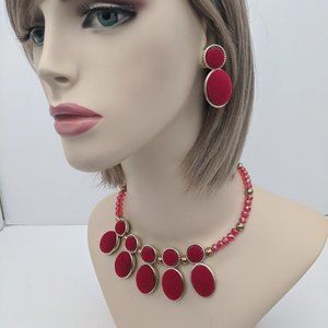 Red Velvet Necklace Earrings Set Gold Bead Jewelry